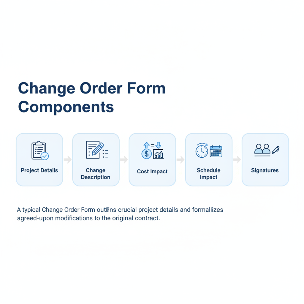 Infographic showing the essential sections of a Change Order Form, including project details, change description, cost impact, schedule impact, and signature lines.
