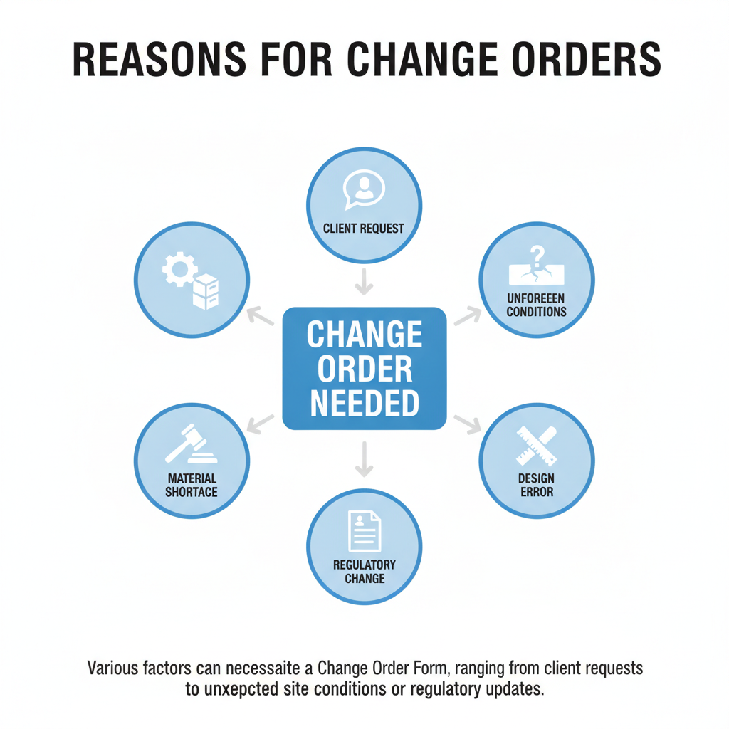 Diagram showing various reasons why a Change Order Form becomes necessary, such as client requests, unforeseen site conditions, design errors, regulatory changes, and material shor