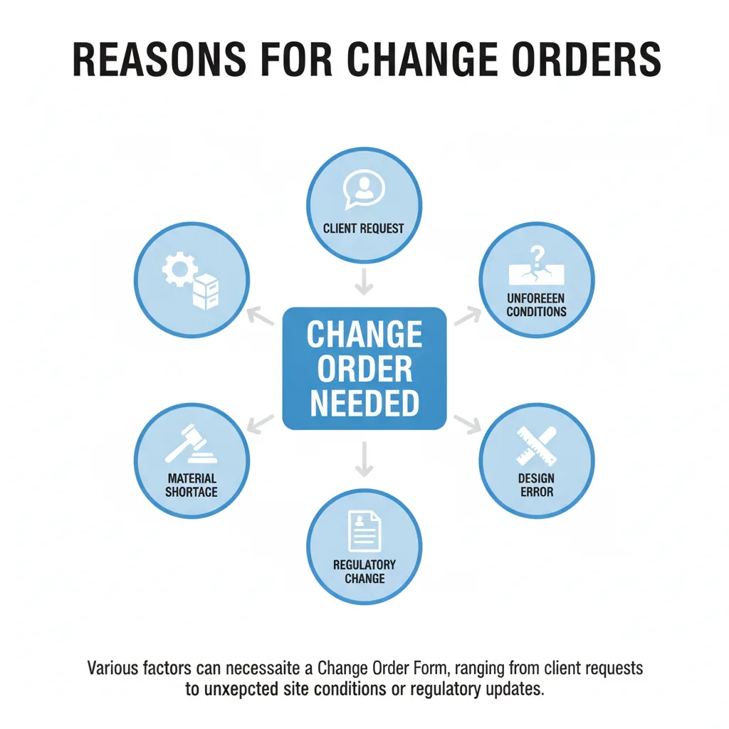 Diagram showing various reasons why a Change Order Form becomes necessary, such as client requests, unforeseen site conditions, design errors, regulatory changes, and material shor
