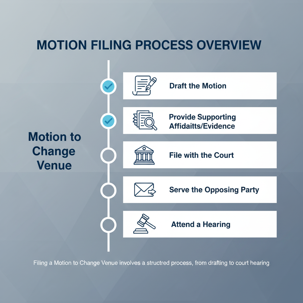 Checklist outlining the steps to file a motion to change venue, from drafting the motion and gathering evidence to filing, serving, and attending a hearing.