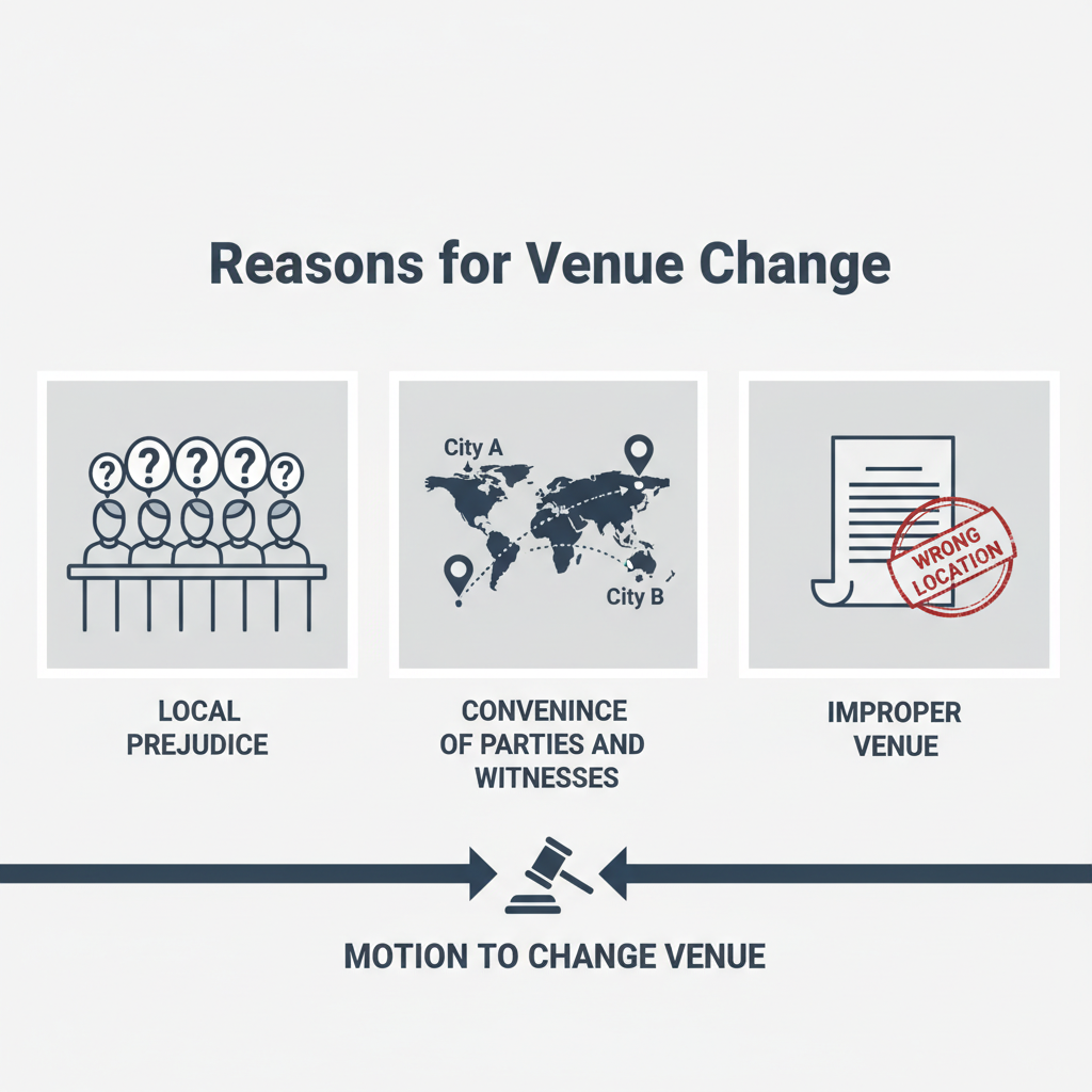 Diagram showing common legal grounds for a motion to change venue, including local prejudice, convenience of parties and witnesses, and improper venue.