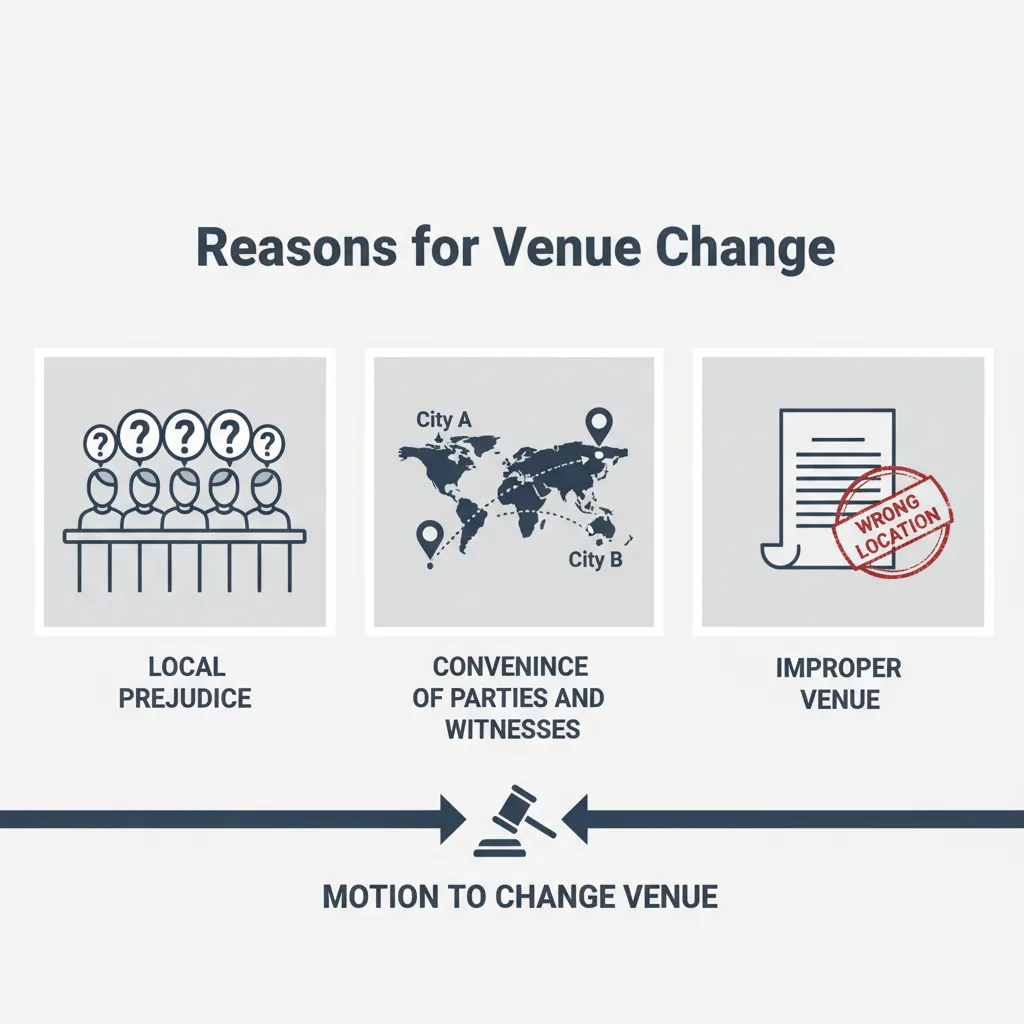 Diagram showing common legal grounds for a motion to change venue, including local prejudice, convenience of parties and witnesses, and improper venue.