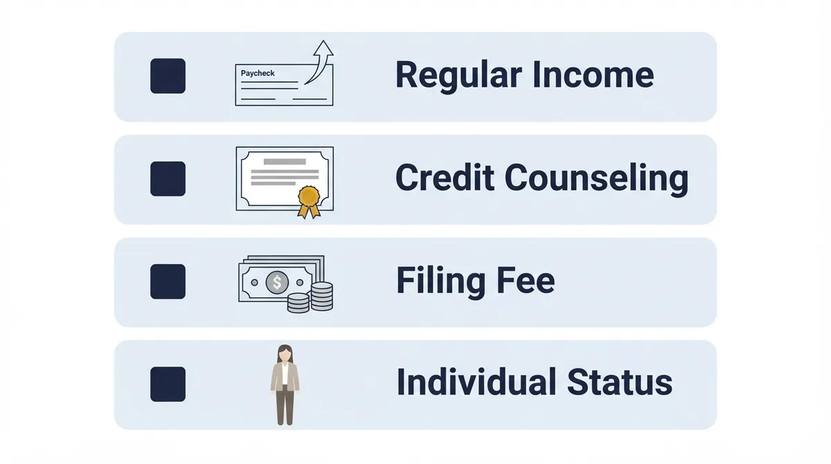 A checklist of the four main requirements to file for Chapter 13 bankruptcy.