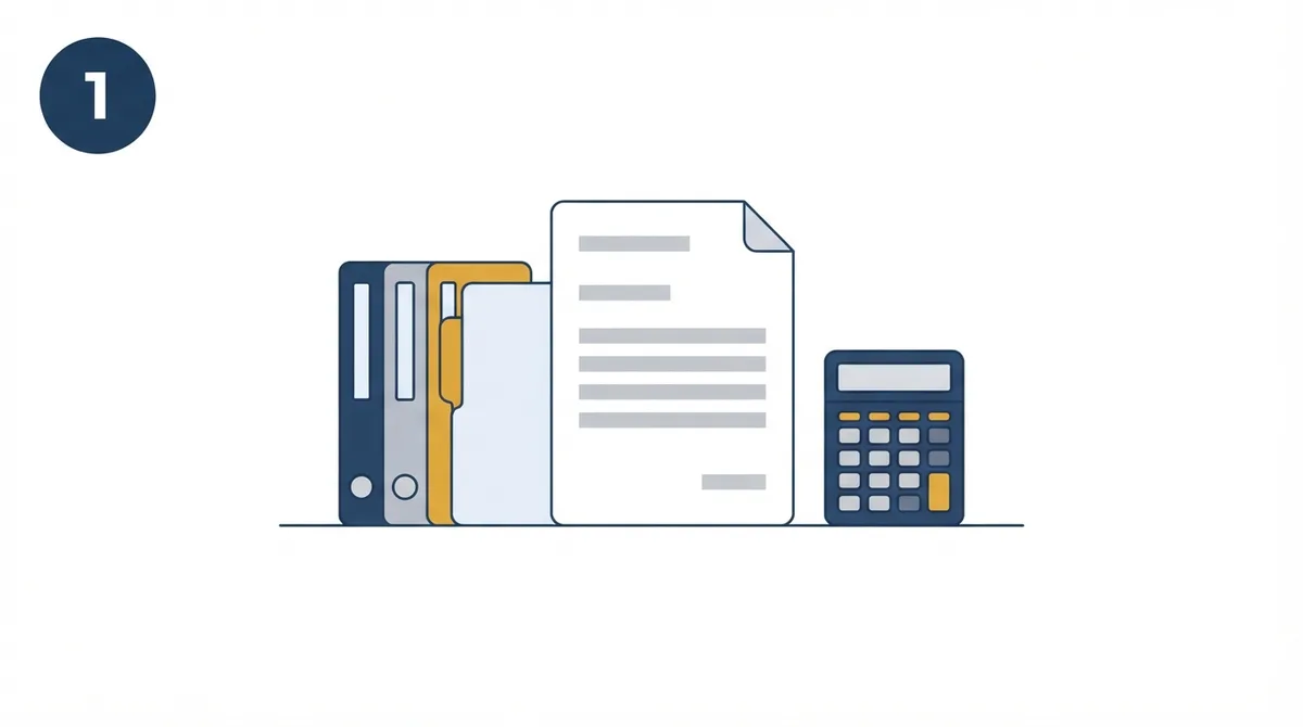 A stack of financial documents and a calculator.