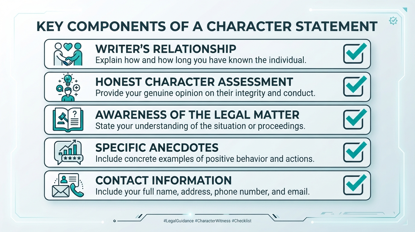 Checklist showing the key components of a character witness statement.