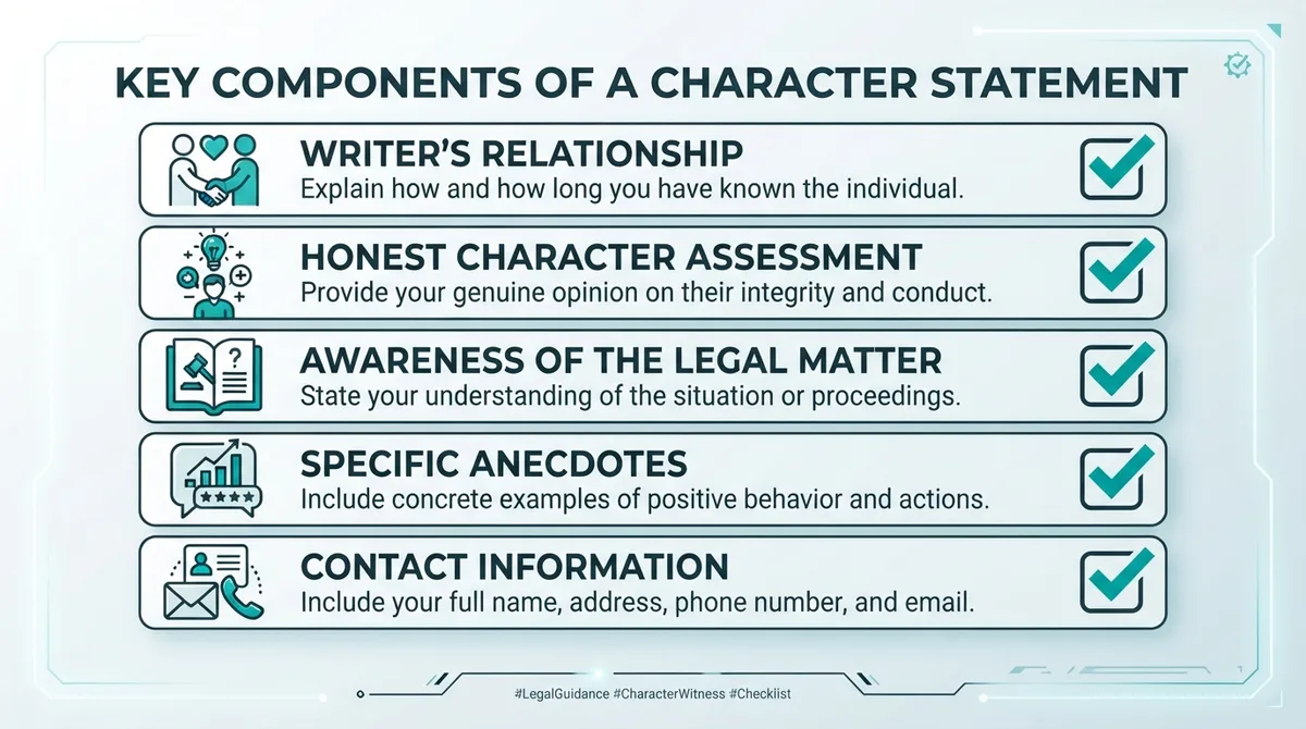 Checklist showing the key components of a character witness statement.