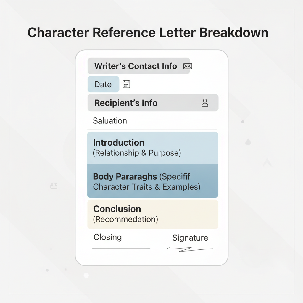 Diagram showing the essential components and structure of a character reference letter.