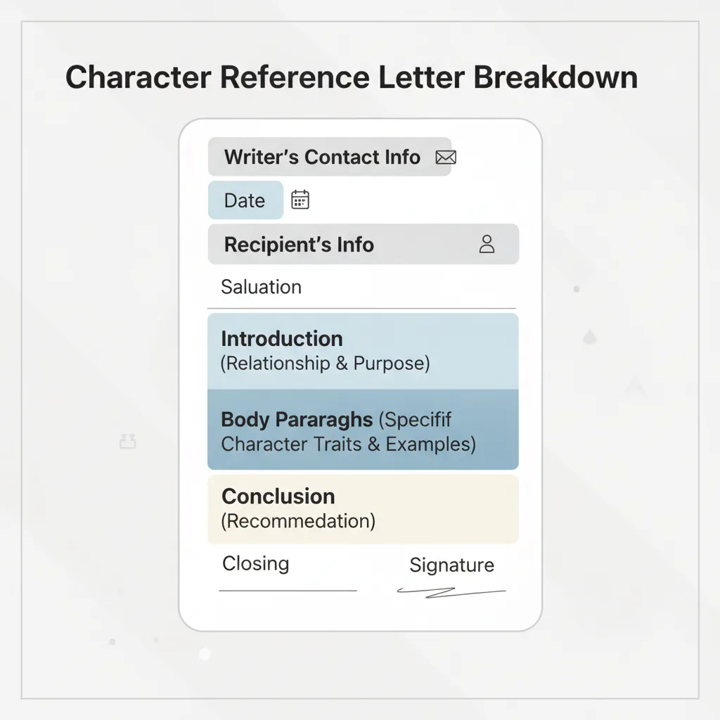 Diagram showing the essential components and structure of a character reference letter.