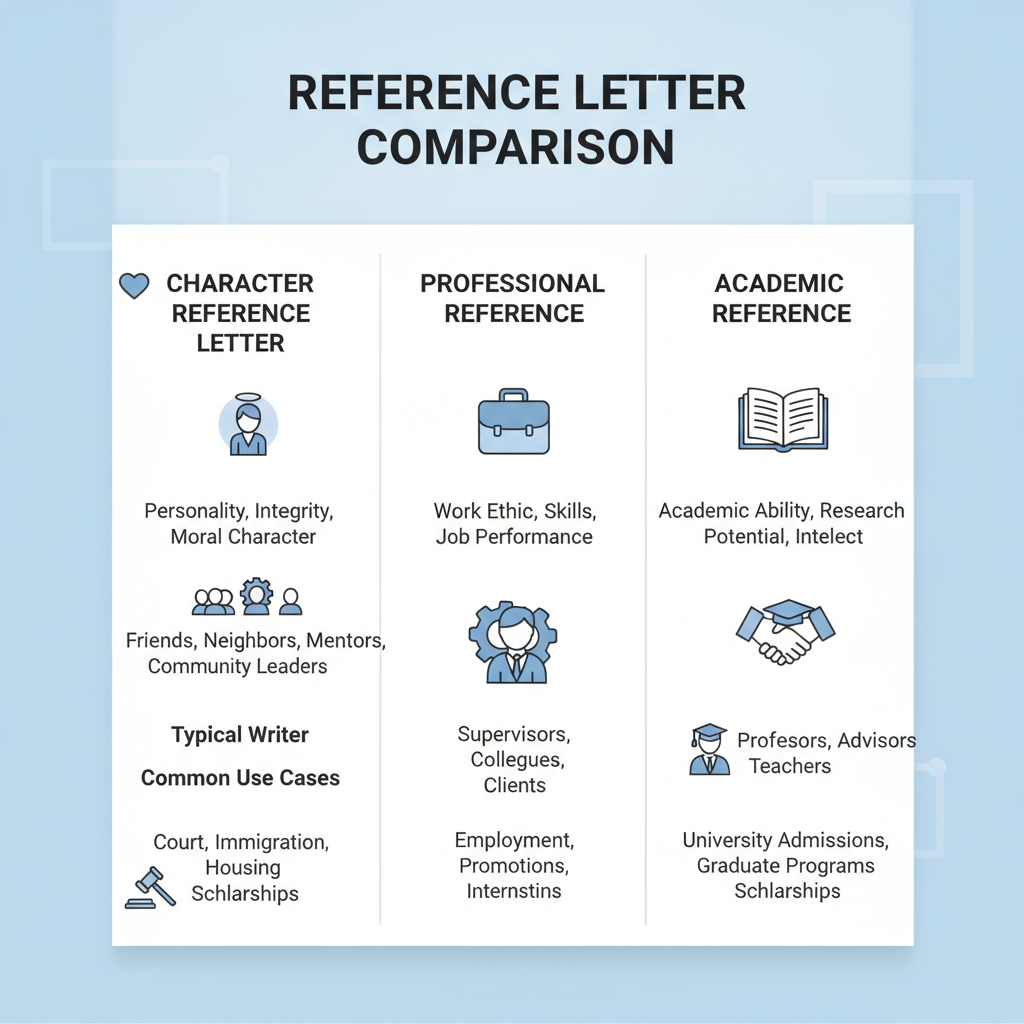 Comparison table outlining the differences between character, professional, and academic reference letters based on focus, writer, and use.
