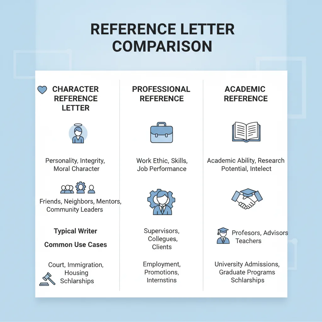 Comparison table outlining the differences between character, professional, and academic reference letters based on focus, writer, and use.