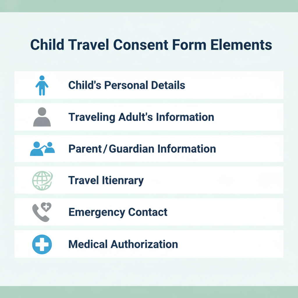 Checklist of essential information included in a Child Travel Consent Form, such as child's details, traveler's details, parent's details, travel itinerary, emergency contacts, and