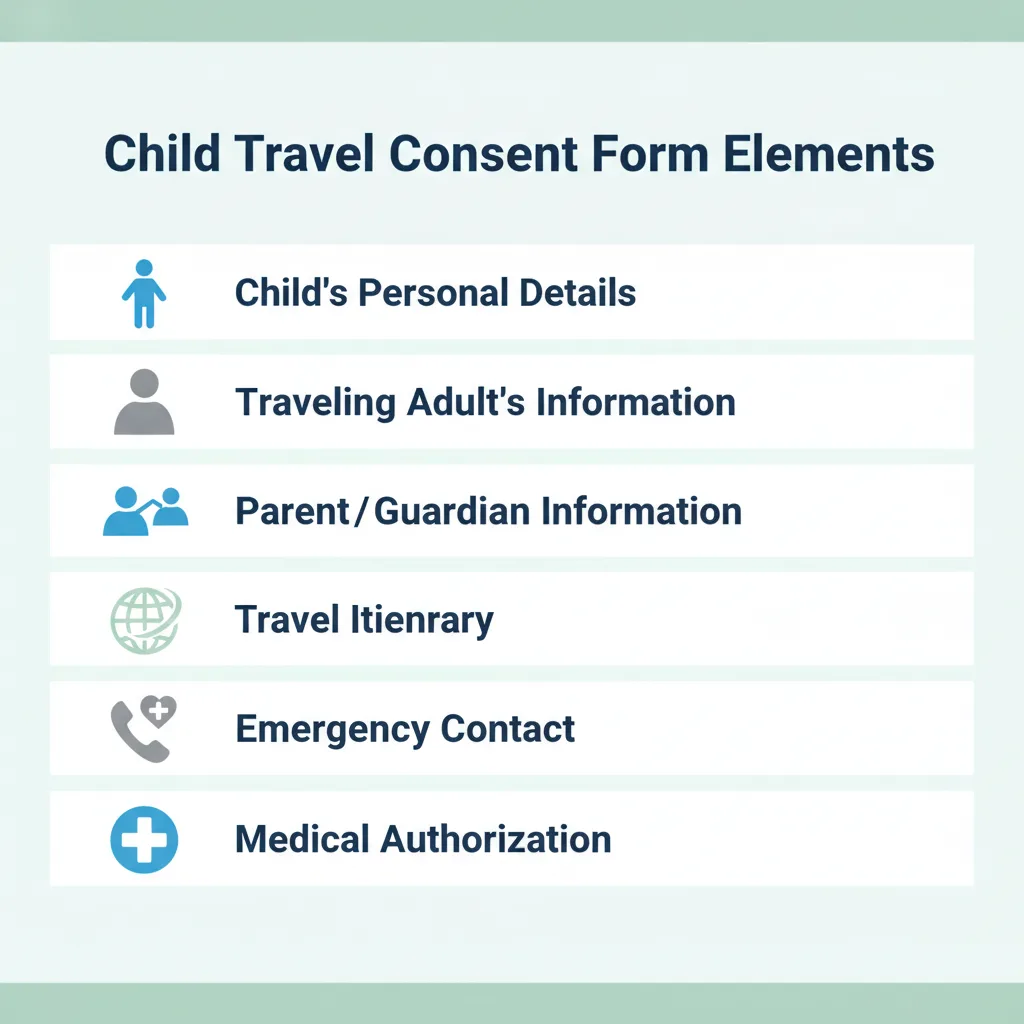 Checklist of essential information included in a Child Travel Consent Form, such as child's details, traveler's details, parent's details, travel itinerary, emergency contacts, and