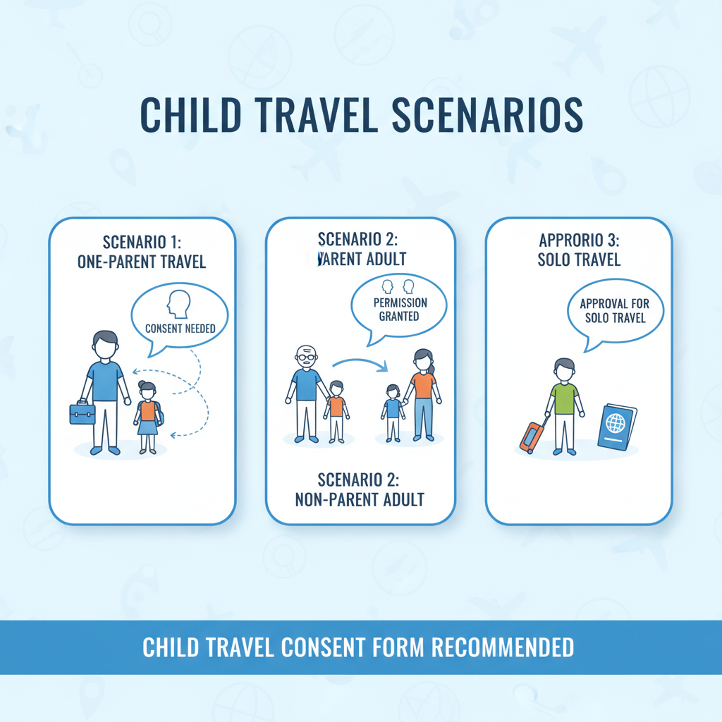 Diagram illustrating scenarios where a Child Travel Consent Form is recommended: child traveling with one parent, child traveling with a non-parent adult, and child traveling alone