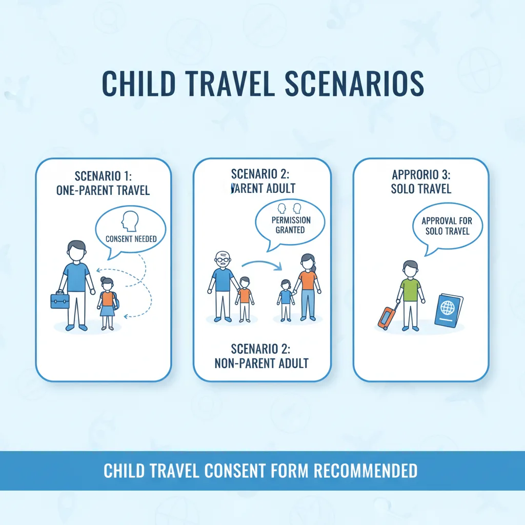 Diagram illustrating scenarios where a Child Travel Consent Form is recommended: child traveling with one parent, child traveling with a non-parent adult, and child traveling alone