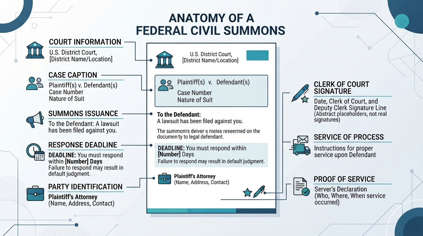 Diagram illustrating the key components of a standard federal civil summons document.