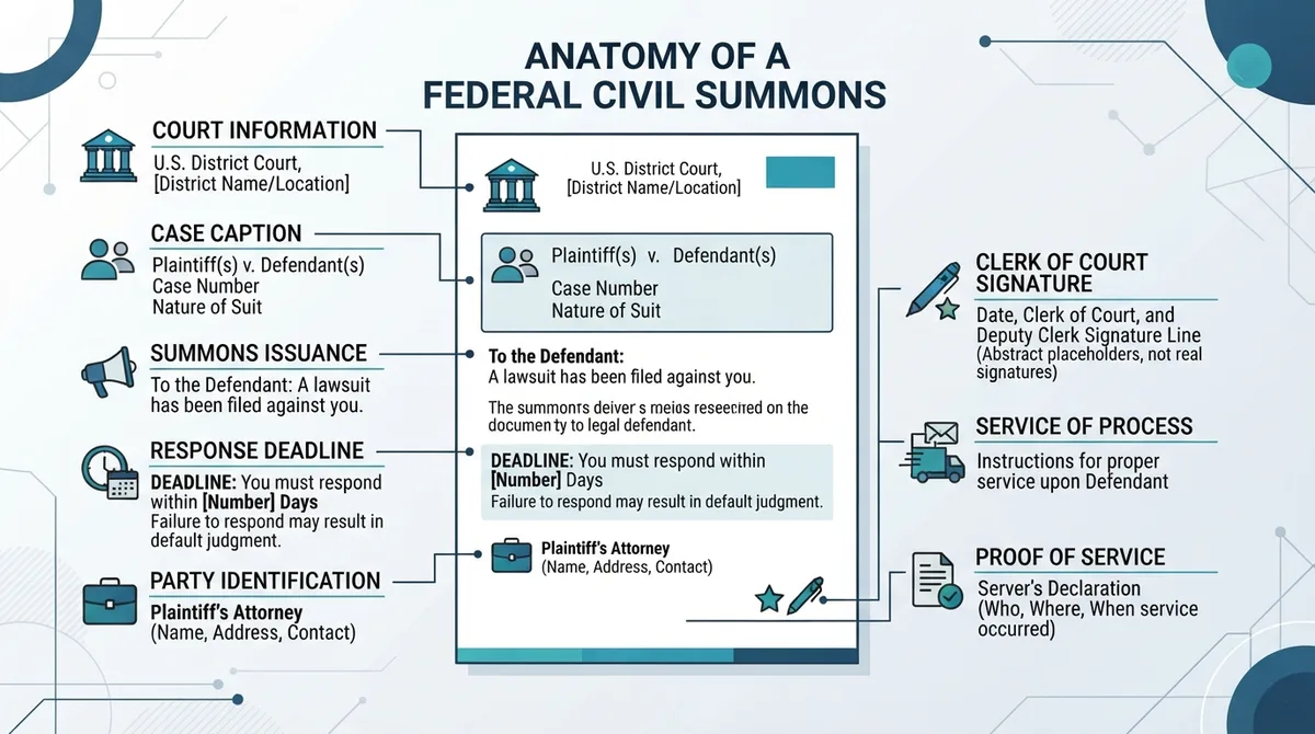 Diagram illustrating the key components of a standard federal civil summons document.