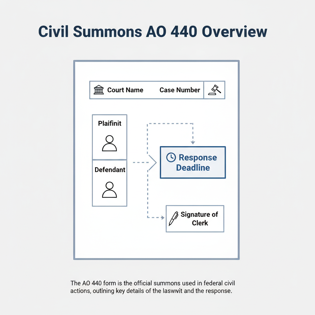 Diagram showing the key parts of a federal civil summons form (AO 440), including court, parties, case number, and response deadline.