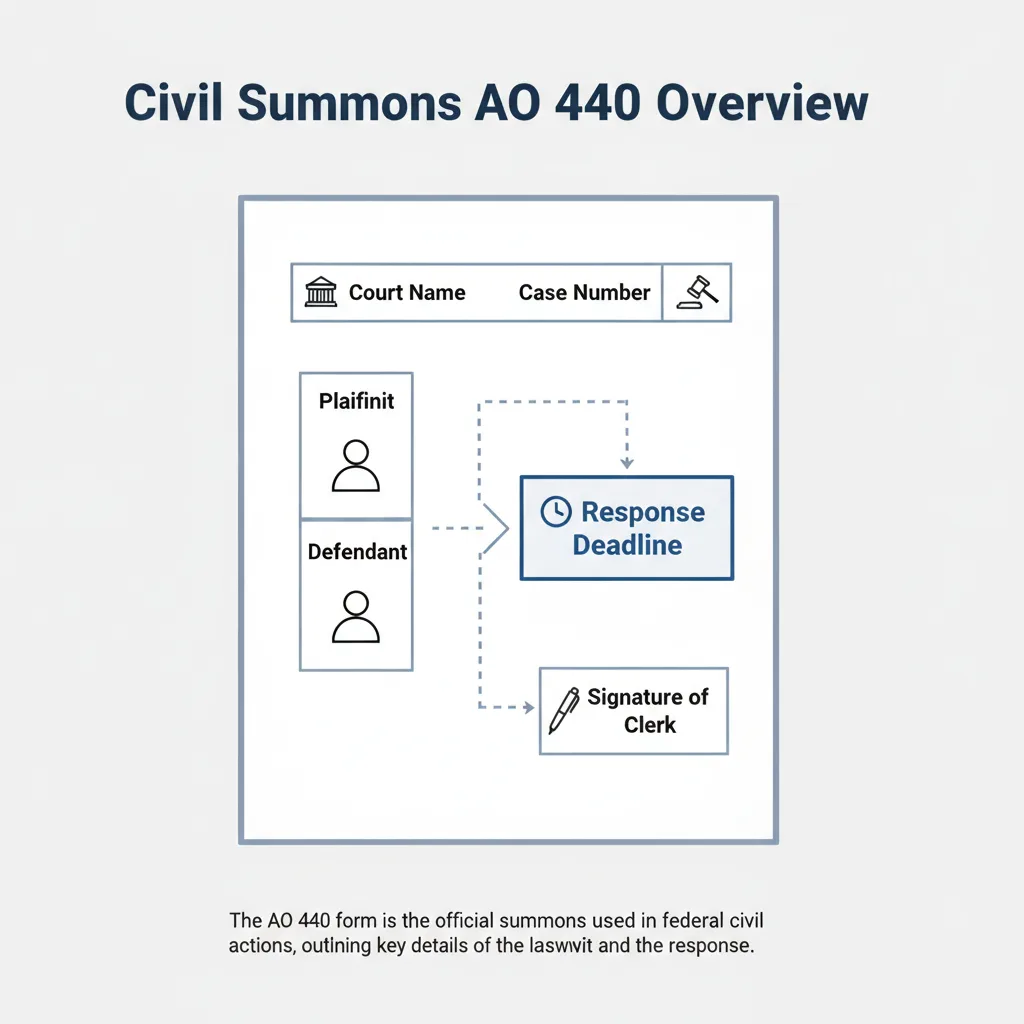 Diagram showing the key parts of a federal civil summons form (AO 440), including court, parties, case number, and response deadline.