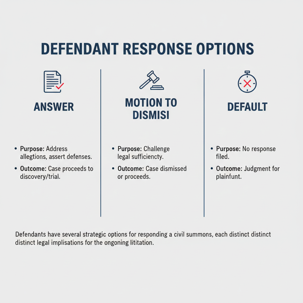 Comparison graphic detailing defendant response options: Answer, Motion to Dismiss, and Default, with their purposes and outcomes.