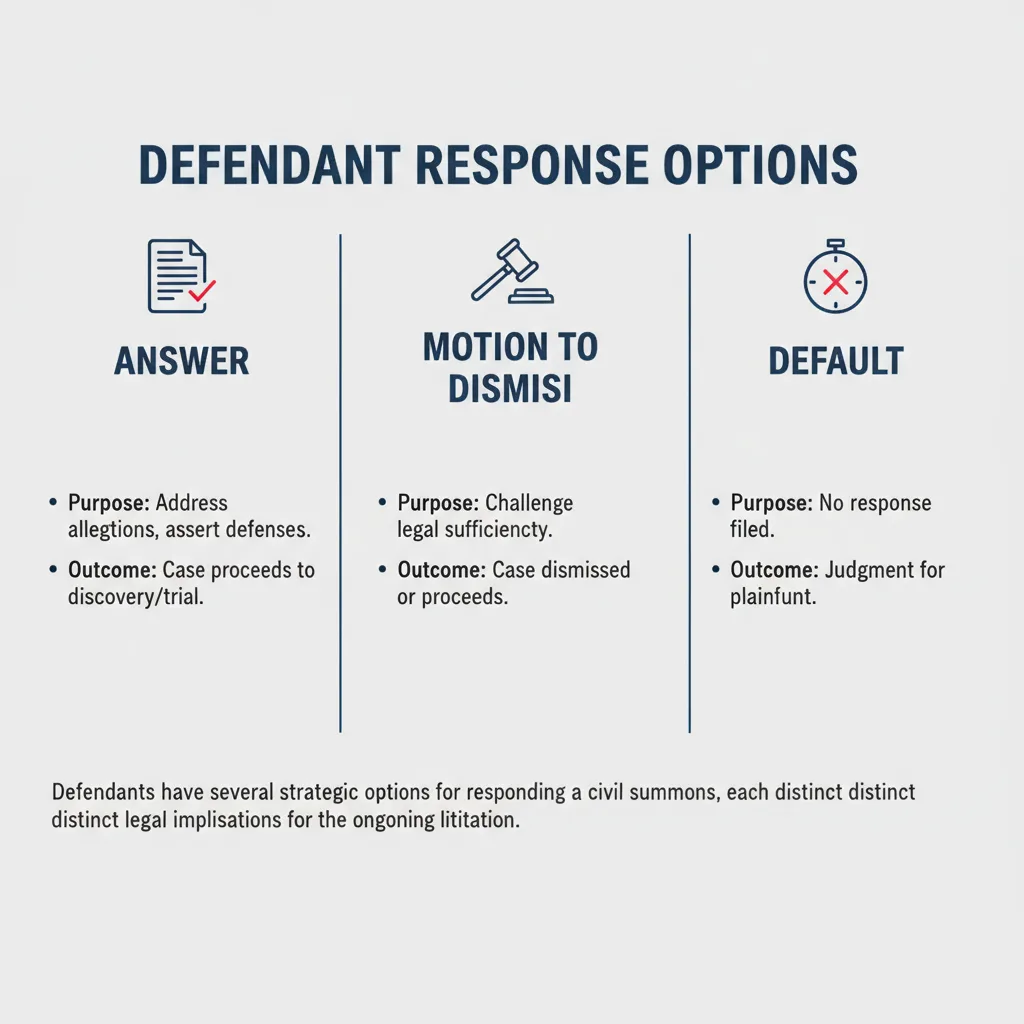 Comparison graphic detailing defendant response options: Answer, Motion to Dismiss, and Default, with their purposes and outcomes.