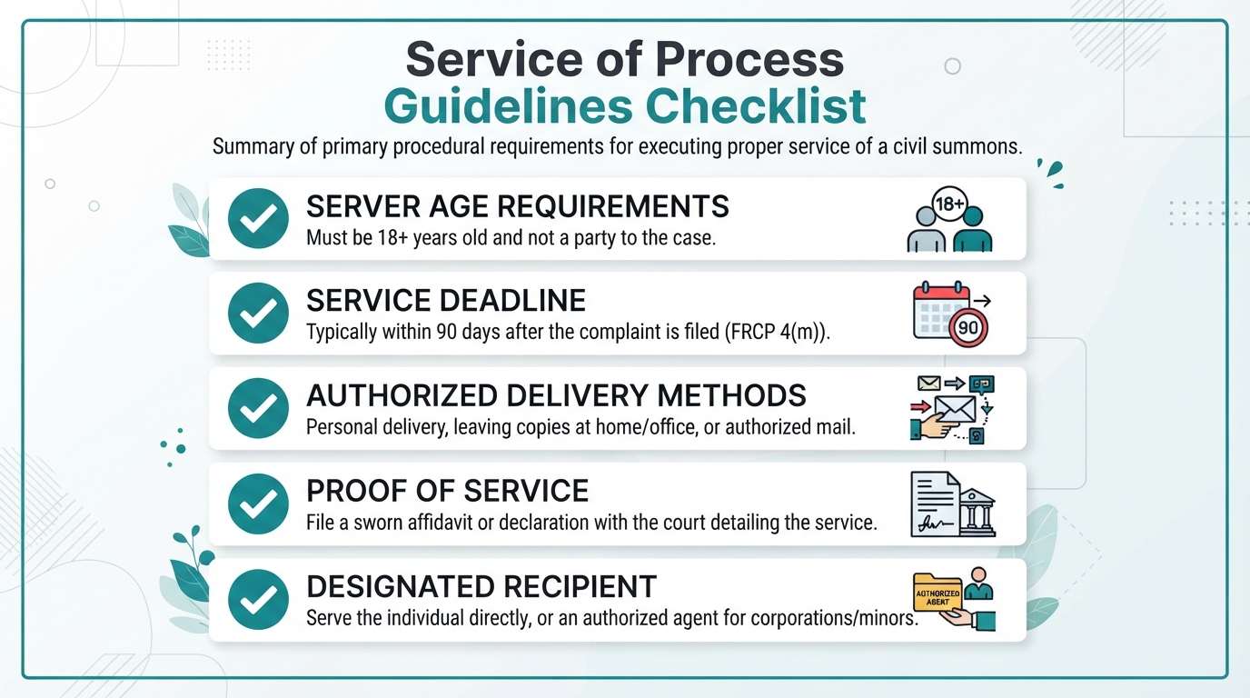 Checklist of legal requirements for serving a civil summons.