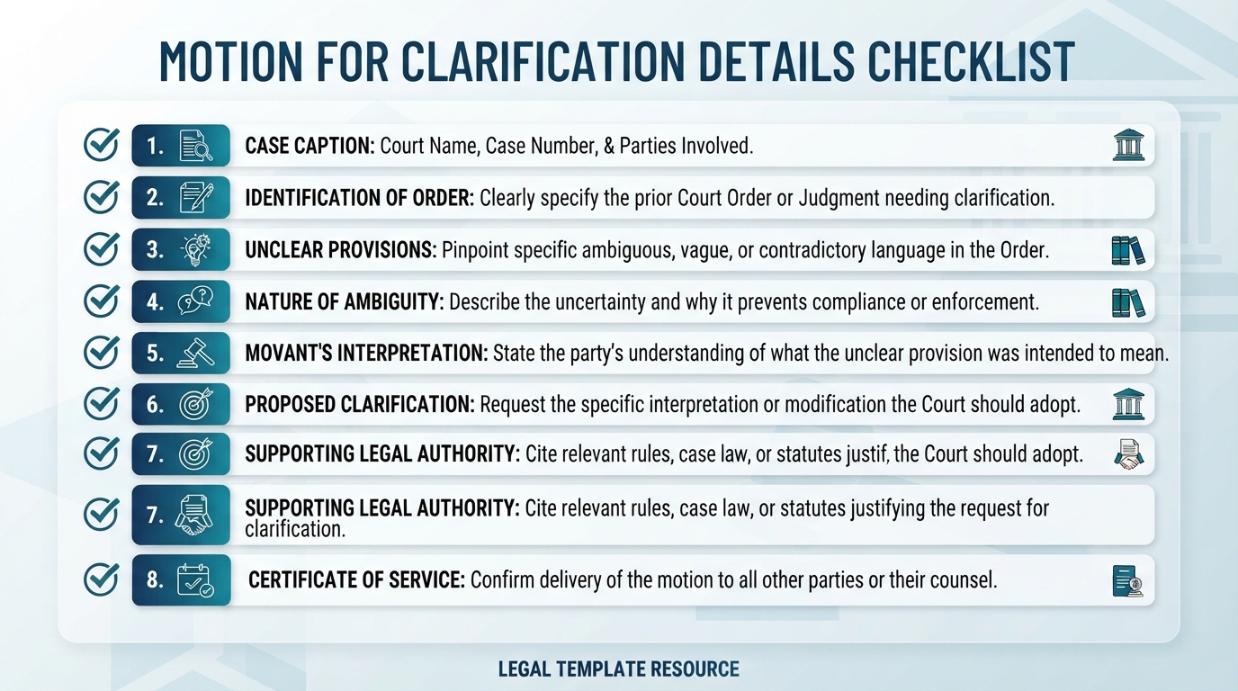 Checklist of details commonly addressed in a Motion for Clarification.