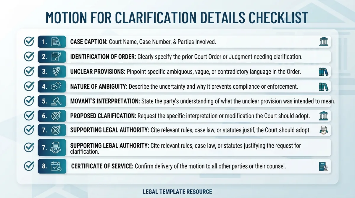 Checklist of details commonly addressed in a Motion for Clarification.