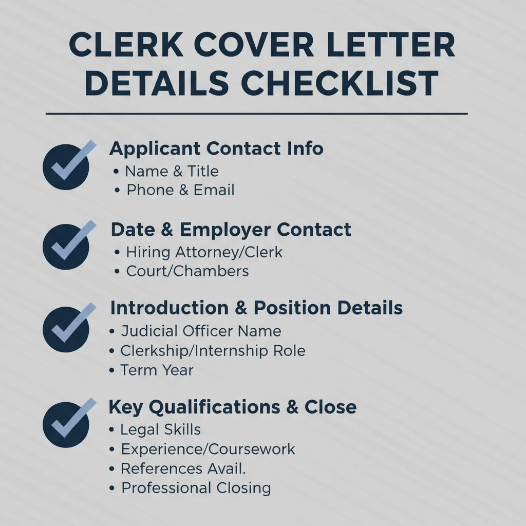 Checklist of details commonly addressed in a Clerk Cover Letter.