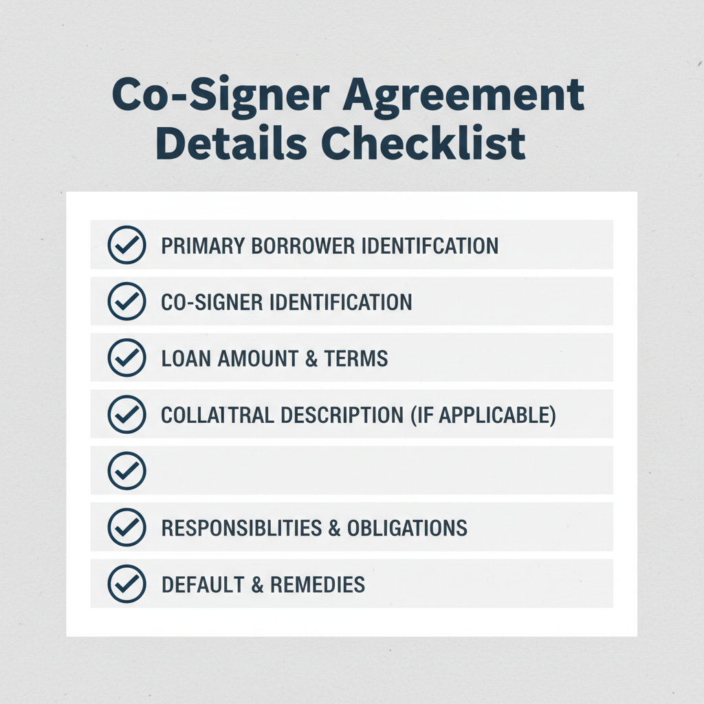 Checklist of details commonly addressed in a Co-Signer Agreement.