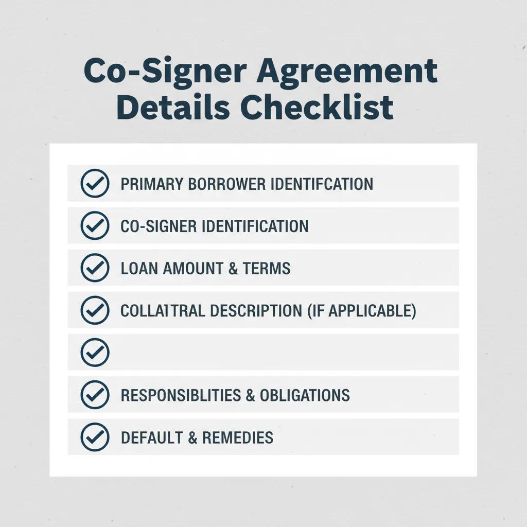 Checklist of details commonly addressed in a Co-Signer Agreement.