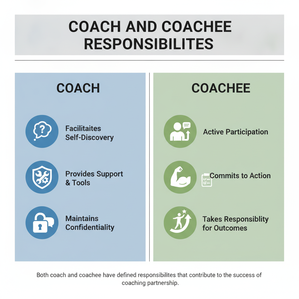 Comparison diagram outlining the distinct responsibilities of a coach and a coachee in a coaching agreement.