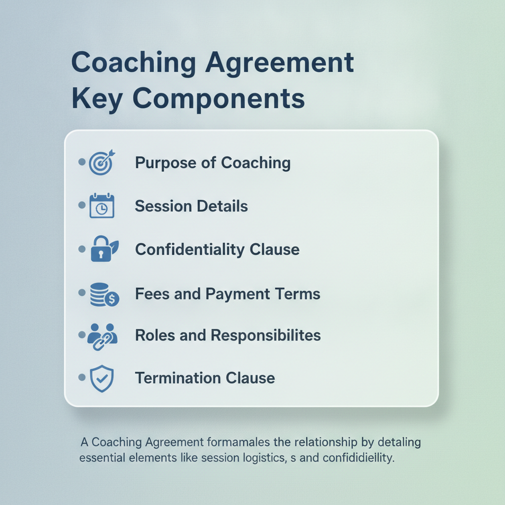 Checklist showing key components of a Coaching Agreement, including purpose, session details, confidentiality, fees, roles, termination, and ethics.