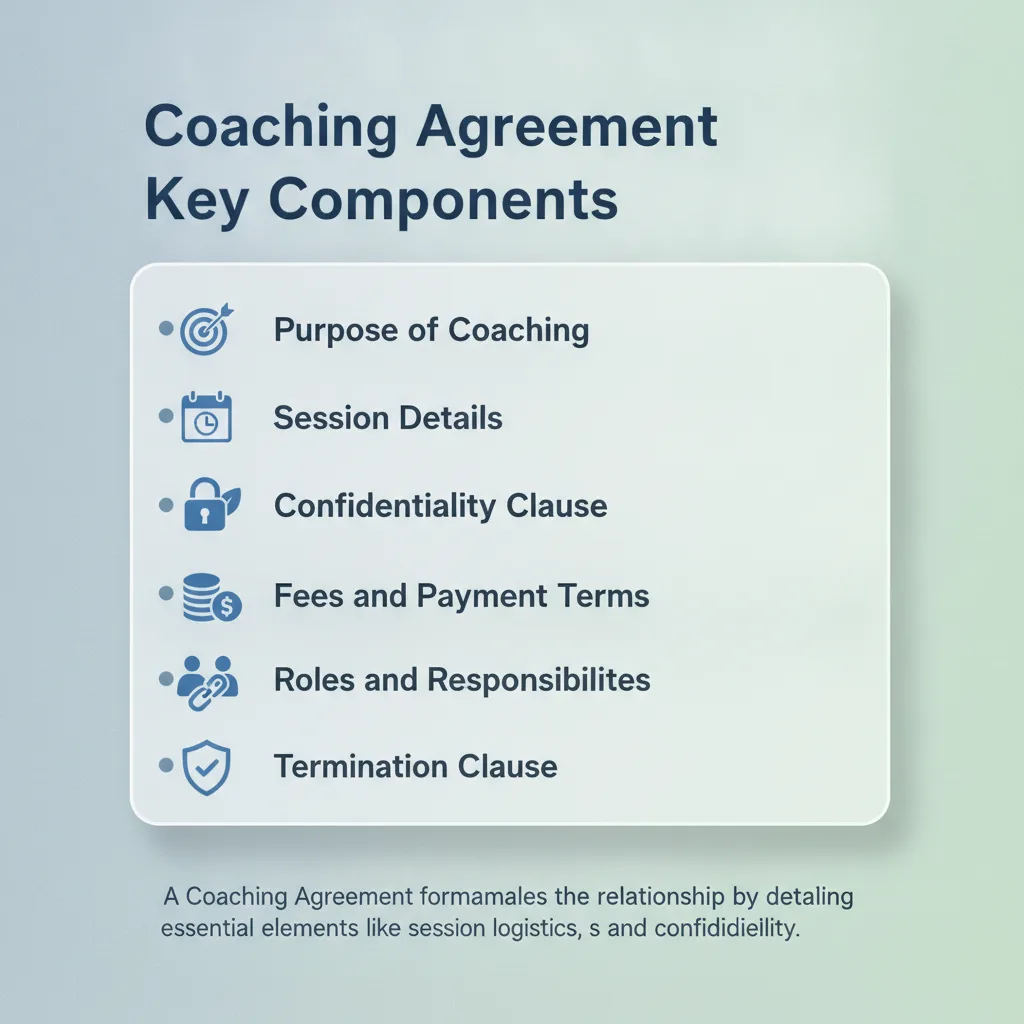 Checklist showing key components of a Coaching Agreement, including purpose, session details, confidentiality, fees, roles, termination, and ethics.