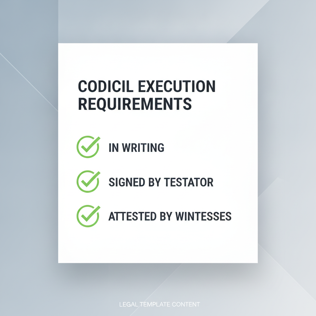 Checklist showing the common legal requirements for executing a valid codicil, including being in writing, signed by the testator, and witnessed.