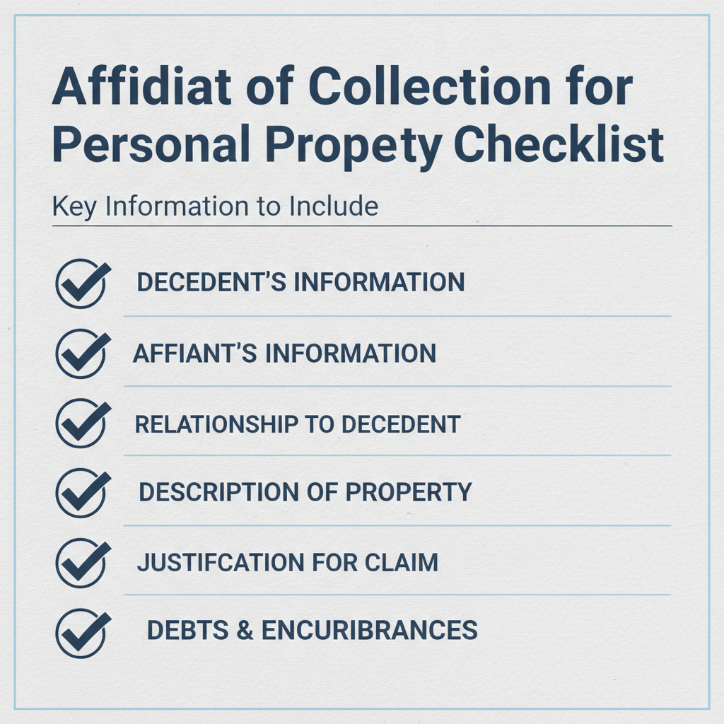 Checklist of details commonly addressed in a Affidavit of Collection for Personal Property.