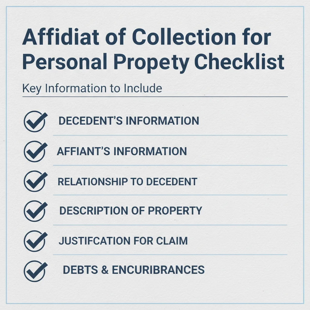 Checklist of details commonly addressed in a Affidavit of Collection for Personal Property.