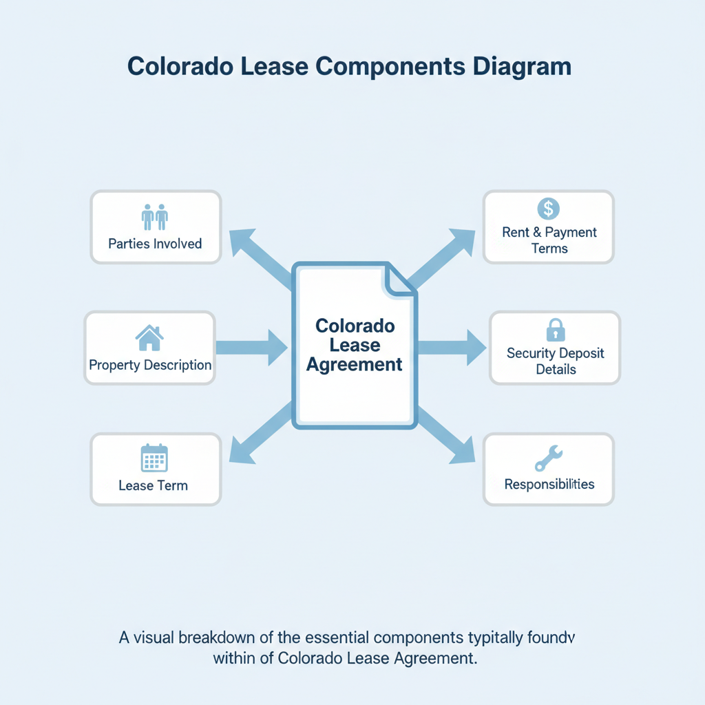 Diagram showing the key components of a Colorado Lease Agreement, including parties, property, term, rent, security deposit, and responsibilities.
