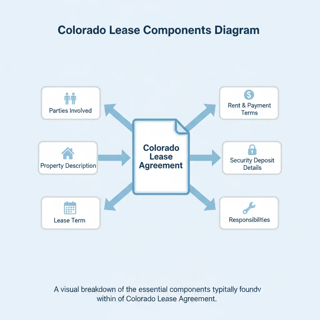 Diagram showing the key components of a Colorado Lease Agreement, including parties, property, term, rent, security deposit, and responsibilities.