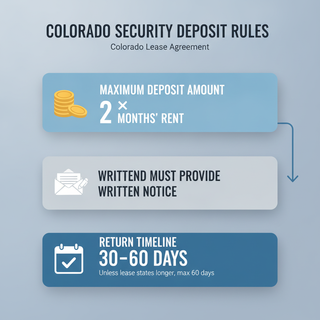 Infographic detailing Colorado's security deposit rules, including limits, notice requirements for withholding, and return timelines.