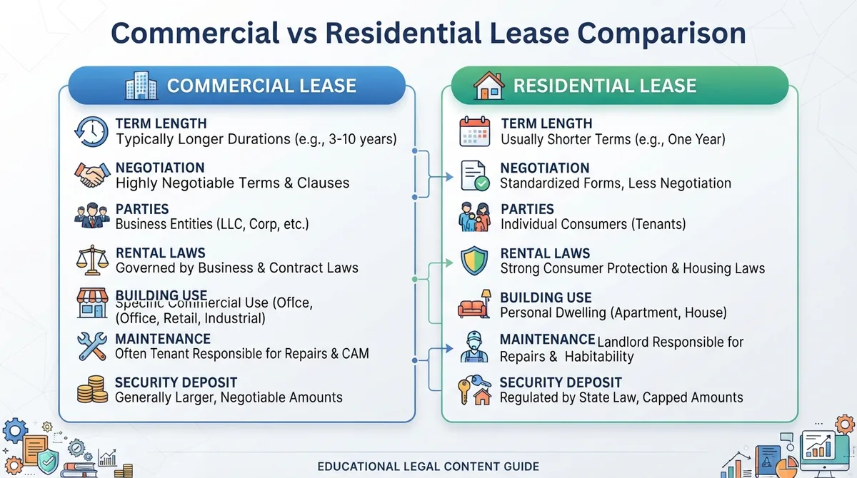 Comparison chart highlighting key differences between commercial and residential leases.