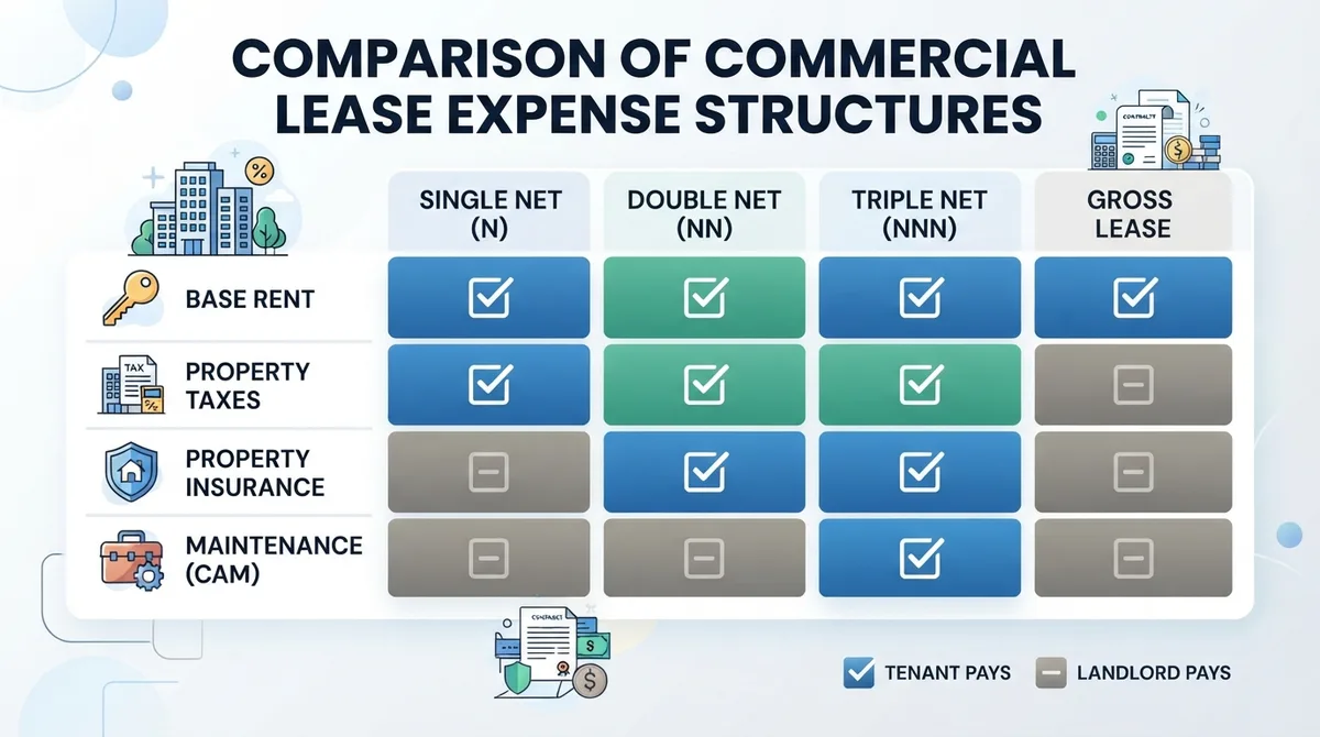 Comparison table of commercial lease types showing expense responsibilities.