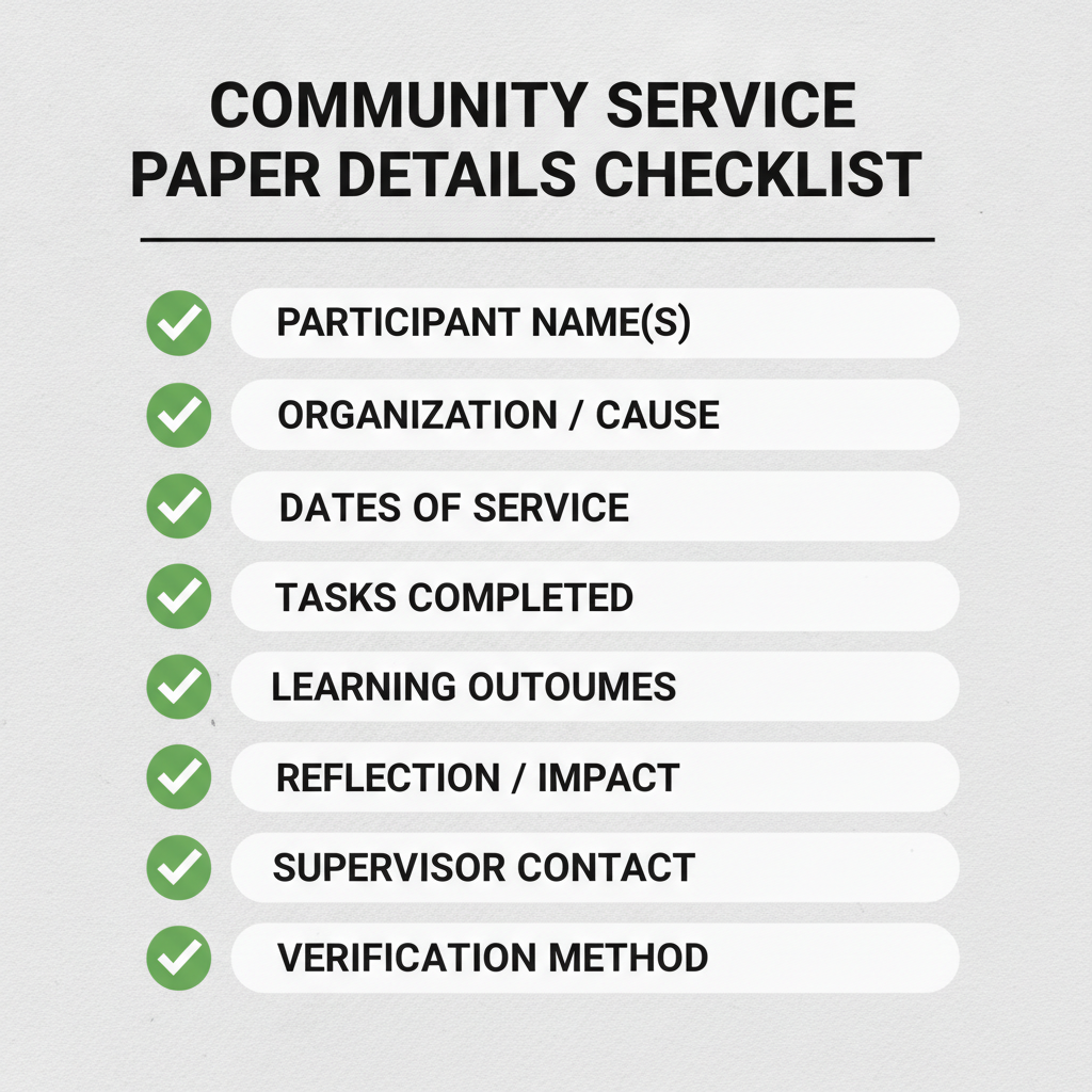 Checklist of details commonly addressed in a Community Service Paper.