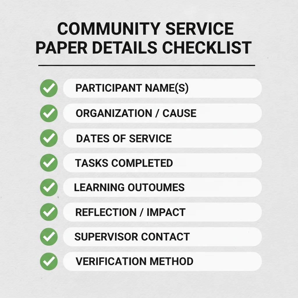 Checklist of details commonly addressed in a Community Service Paper.