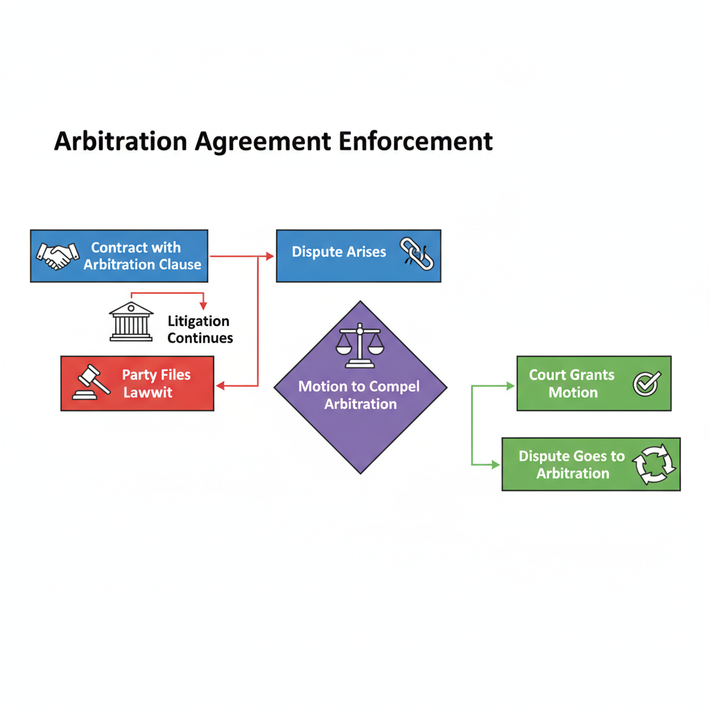 Diagram showing the process of enforcing an arbitration agreement, from contract to court motion to arbitration.