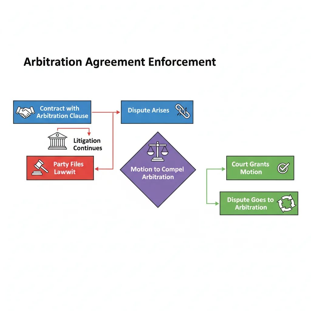 Diagram showing the process of enforcing an arbitration agreement, from contract to court motion to arbitration.