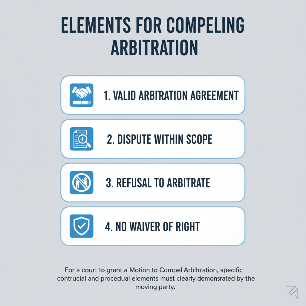 Checklist graphic outlining the four essential elements required for a court to grant a Motion to Compel Arbitration.