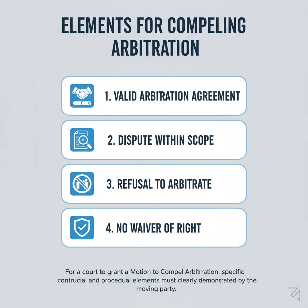 Checklist graphic outlining the four essential elements required for a court to grant a Motion to Compel Arbitration.