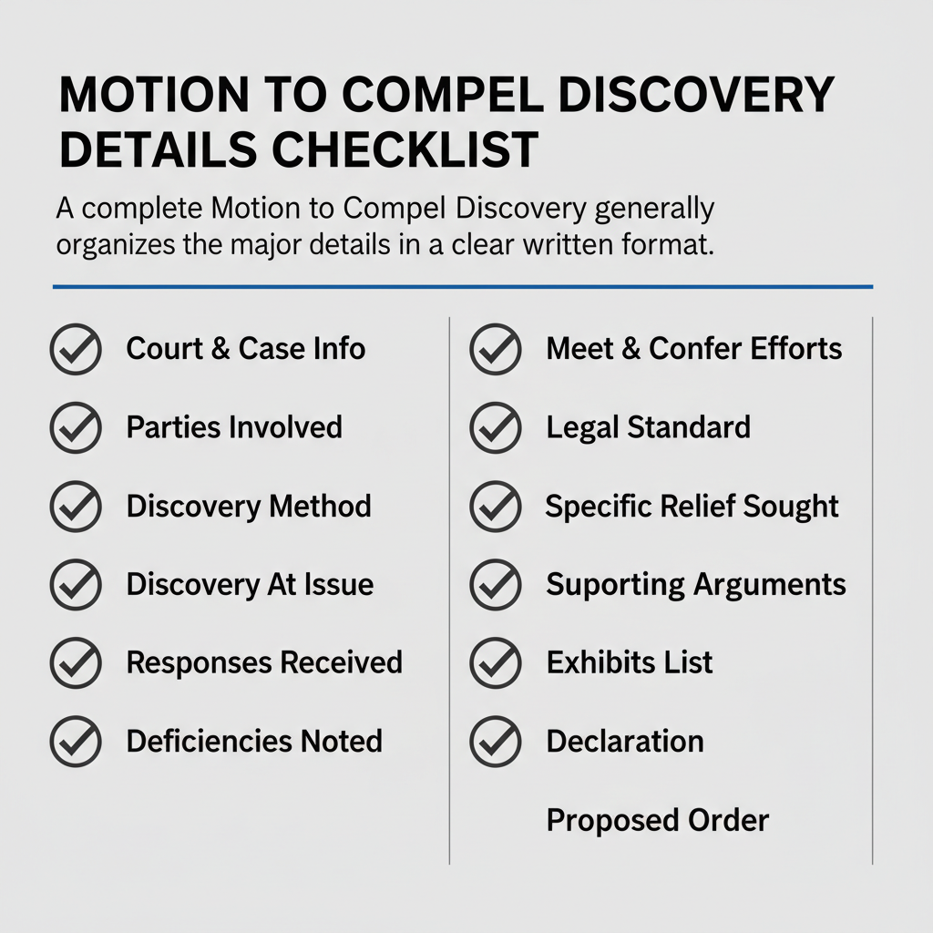 Checklist of details commonly addressed in a Motion to Compel Discovery.