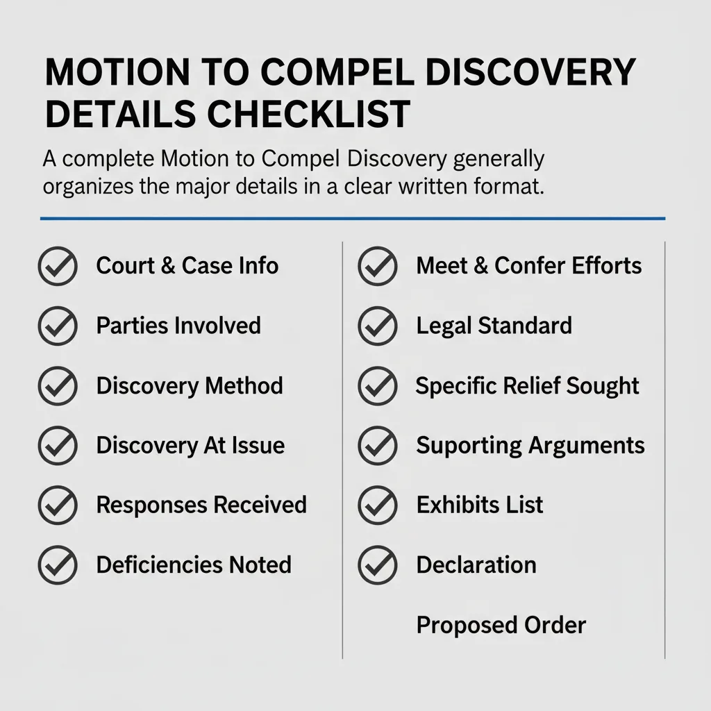 Checklist of details commonly addressed in a Motion to Compel Discovery.