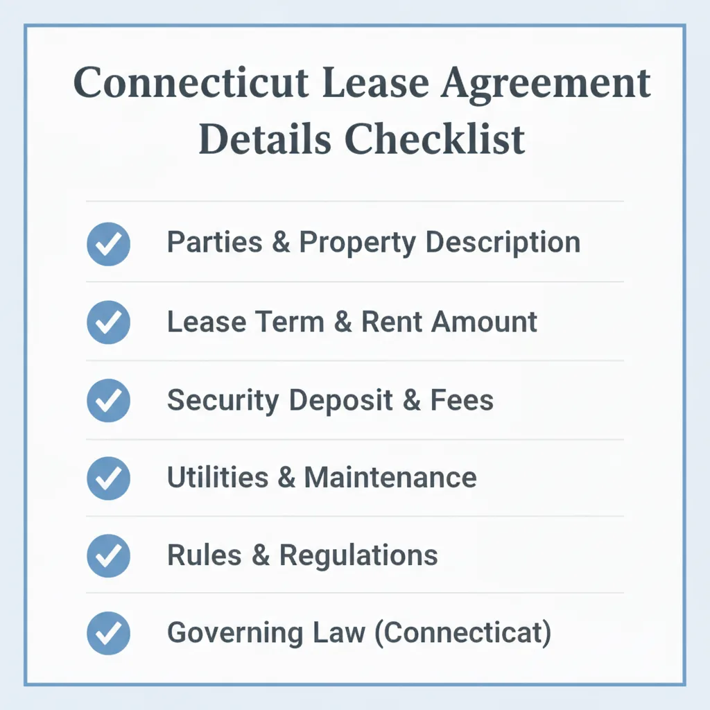 Checklist of details commonly addressed in a Connecticut Lease Agreement.